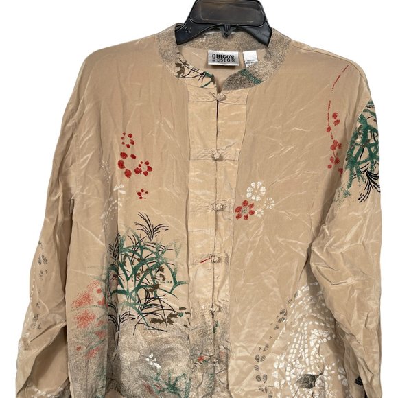 Chico's Design Silk Tunic Blouse Top Size 3 US XL Beige Floral Oriental Button - Picture 5 of 11